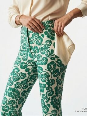 Tory Burch Walton Baroque Paisley Pants Green White Slim Crop Chino Size 0 Coast